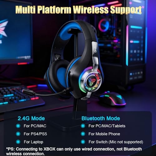 2.4GHz Wireless Gaming Headsets for PS5/PS4/PC/Switch/Xbox, RGB Noise Cancelling Over-Ear Headphones with 7.1 Surround Sound, 40mm Drivers, 276g ultraligero, Memory Foam, 45H Gaming Headphones 2025 - color: Black Blue