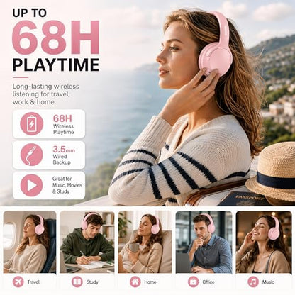 MIDOLA Bluetooth Headphones Over Ear 68H Playtime 6 EQ Wireless Headset with Microphone HiFi Stereo Foldable Lightweight Deep Bass for Travel Home Office Cellphone Pink | Adjustable Headband Foldable Over-Ear Lightweight for Office/Travel/Tablet/iPad/Lapt