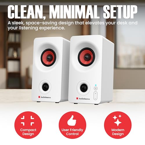 Audiosource Desktop PC Speakers with Bluetooth 5.3, USB-C Plug & Play, 2.0 Stereo Computer Speakers with Dual 2" Drivers, Compact Design, AUX Input, LED Indicator (White) - color: White