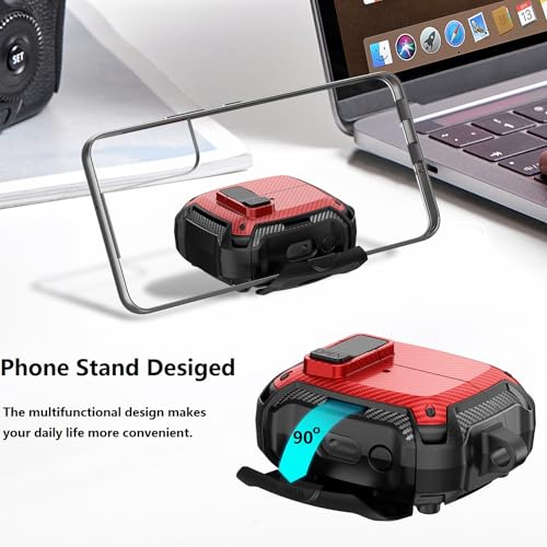 Compatible with Samsung Galaxy Buds 3 Pro Case/Bud3 Cover Lock Clip with Phone Stand for Men, Military Shell Galaxy Buds Pro 3/ Bud 3 Protective Armor Skin with with Cleaner Kit & Carabiner - color: ABlack/Red