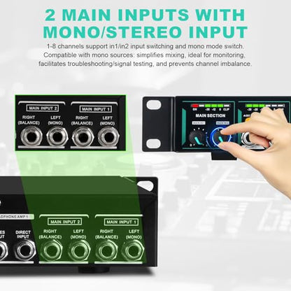 8-Channel Headphone Mixing Distribution Amplifier, Mountable High-Power Headphone Splitter Amp with Mono/Stereo Modes, 16 Headphone Outs, LED Meters for Studio & Live Sound Monitoring
