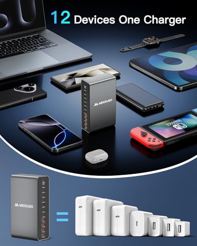 12 Ports Aluminum Alloy MEKIOJEO 380W Charging Station USB C Charger Block | 65W Laptop Fast GaN Charger for MacBook Pro/Air/iPad Pro/iPhone - color: Gray
