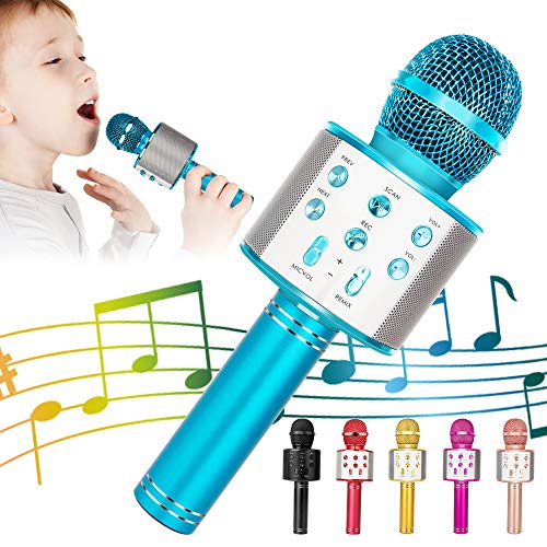 KIDWILL Wireless Bluetooth Karaoke Microphone for Kids, 5-in-1 Portable Handheld Karaoke Mic Speaker Player Recorder with Adjustable Remix FM Radio for Kids Girls Boys Teens Birthday (Blue)