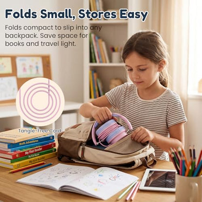 Kids Wired Headphones for School, 2-Pack with Sharing Splitter | Stereo sound, Comfortable over-ear fit, Foldable design, Tangle-free 3.5 mm cable, Ideal for tablets, laptops and computers - color: Blue+Pink