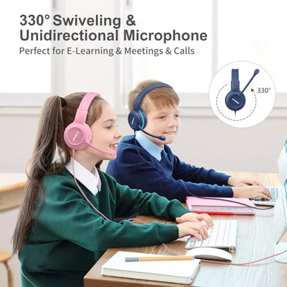 SIMOLIO Wired Headphones for School with Microphone, Stereo Kids Headphone with Flexible Swivel Boom Mic for Student K12 & Teacher & E-Learning, 3 Levels Volume Limiter Gaming Headsets for Boys, Girls - color: Pink & Blue