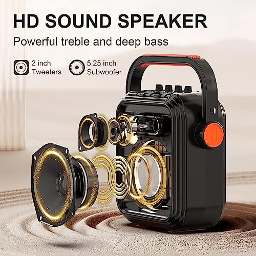 JYX Karaoke Machine with 2 Wireless Microphones, Portable Bluetooth Speaker PA System with Shoulder Strap, Subwoofer Support TWS, USB, Radio, AUX, REC, Bass&Treble for Home Party/Meeting/Adults/Kids - color: Black