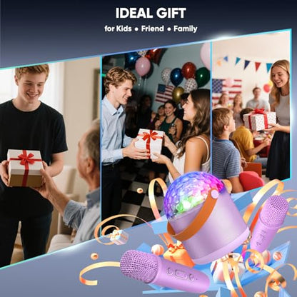 Mini Karaoke Machine for Kids, Birthday Party Gifts Toys for Girls Ages 4 5 6 7 8 9 10 11 12+ Years Old, Karaoke Microphone with 2 Wireless Microphones, Portable Bluetooth Speaker with Disco LED Light - color: Purple