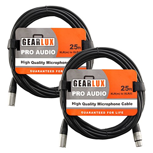 Gearlux XLR Microphone Cable, Fully Balanced, Male to Female, 25 Feet - 2 Pack - size: 25 Ft, style: 2 Pack
