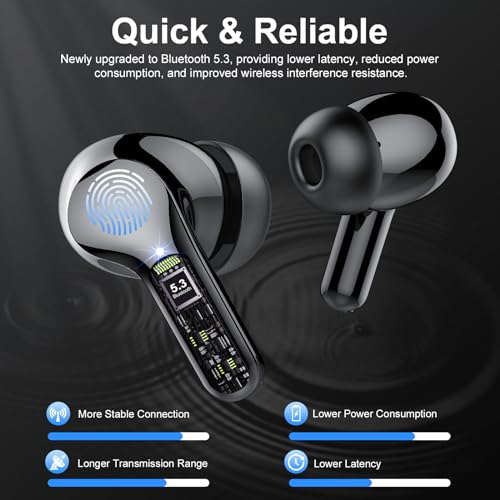 Wireless Earbuds, Bluetooth 5.4 Headphones HiFi Stereo, Bluetooth Earbuds | With ENC Noise Cancelling Mic, IP7 Waterproof in Ear Earphones, 48H, LED Display Ear buds for Pad Workout Sports, Black - color: Black