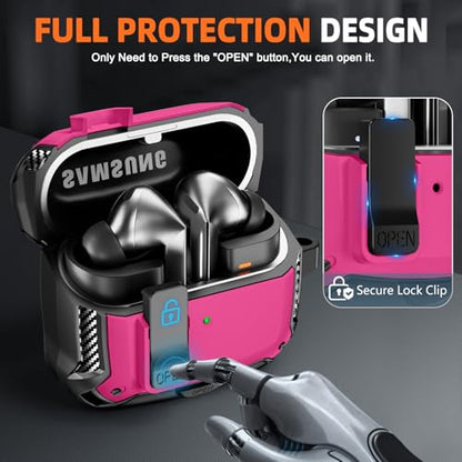 Safety Lock Case for Samsung Galaxy Buds3 FE/Pro/3 (Rose red) | Compatible with MagSafe, with Phone Stand& Cleaning kit,Keychain, - color: Rose red