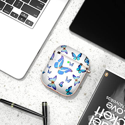 Maxjoy for AirPods Case, Cute AirPod Case Protective Hard AirPod 2 Gen Cover for Women Men with Keychain for AirPods 2nd 1st Generation Charging Cover 2&1, Blue Butterfly - color: Blue + White