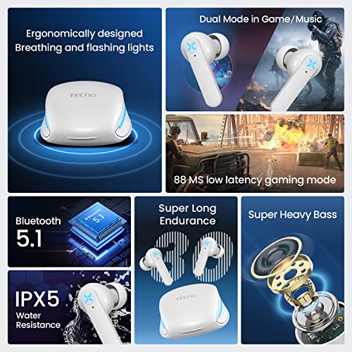 Tecno Wireless Gaming Earbuds with Microphone, 50ms Ultra-Low Latency Bluetooth Earbuds, Noise Cancelling, 25H Playtime, G01 White