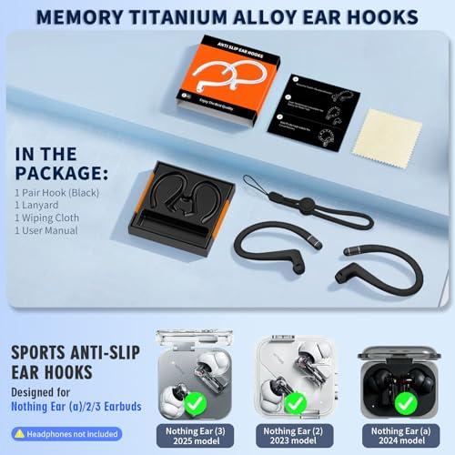 Anti-Slip Ear Hooks for Nothing Ear 3 Earbuds (2025), Comfortable Fit | Sports Anti-Loss | Soft Memory Titanium Alloy Ear Hooks Compatible for Nothing Ear (3) Wireless Earbuds with Lanyard (Black)