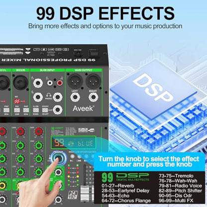 Aveek Audio Mixer, 4 Channel Mixer with Bluetooth and USB Recording | DJ Mixing Console with 99 DSP Effects, 48V Phantom Power, PC Recording Mixer for Karaoke, Studio, Podcast and Live Streaming