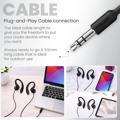 PHILIPS SHS3200BK Flexible Earhook Headphones, Black - color: Black, style: 3.5MM NO-MIC