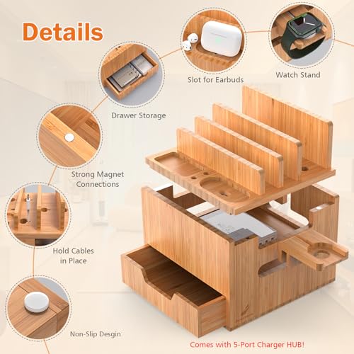 Pezin & Hulin Multi Device Charging Station with Drawer & USB Charger | All in One Dock Organizer with Large Storage, Bamboo Rack for Phones, Tablets, Watch, Earbuds (Charger & 5 Cables Included) - color: #2 (With Charger)