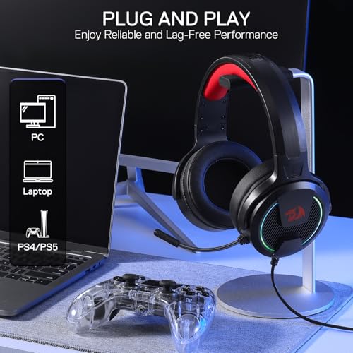 Redragon H315 RGB Gaming Headset - Wired Computer Headset with 40mm Drivers, Noise-Canceling Microphone, USB Connection, Lightweight Design, and Soft PU Leather Ear Cushions for Ultimate Comfort
