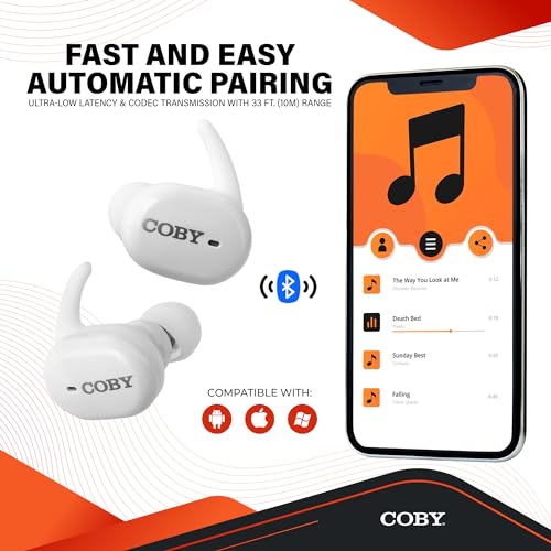 Coby TruFit Lightweight True Wireless Earbuds with Charging Case - Bluetooth 5.3 Music Controls, Call Functions, 16 Hour Battery Life for iPhone 13/12 / 11 / SE/X / 8/7 and Android (White) - color: White, size: 1
