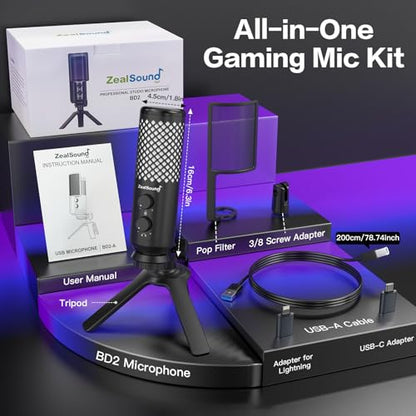 ZealSound Podcast Microphone for PC/Mac/iPhone/Phone – 96kHz/24bit USB Condenser Mic with Noise Reduction, Tap-to-Mute, Gain Control, Zero-Latency Monitor, RGB Light for Streaming, Gaming, Recording