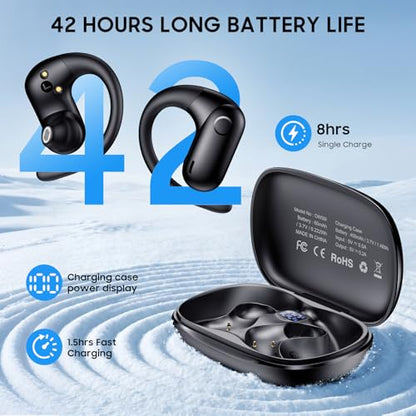 kurdene Open-Ear Headphones, Digital Display Wireless Earbuds Ear Hooks | Ultra-Comfort, Snug Fit, Powerful Sound, Clear Calls, 42H Playtime, Bluetooth 5.4 for Office, Outdoor Use-Black