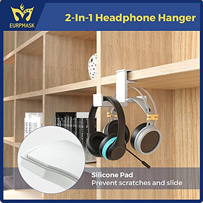 Dual Headphone Stand Holder - EURPMASK 2 in 1 PC Gaming Headset Hooks, 360 Degree Rotating Headphone Hanger with Adjustable Clamp & Cable Clip Organizer, Headset Mount Under Desk Earphone Clamp-White - color: White