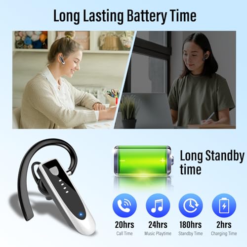 Atheewon Bluetooth Earpiece, Wireless Handsfree with Noise Cancelling Mic, 20Hrs Call Time Bluetooth 5.4 Headset, 180 Hrs Standby Time Headset for Business/Trucker/Driver, Bright Silver - color: Bright Silver