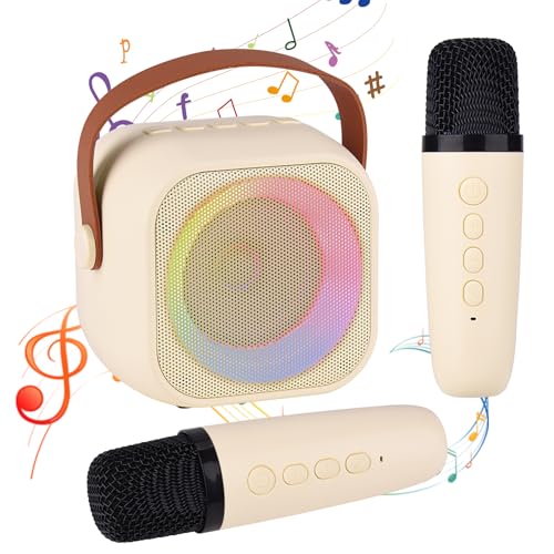Karaoke Machine for Kids Adults, Mini Portable Bluetooth Karaoke Speaker with 2 Wireless Microphone and Lights,Toys for All Smartphones,Birthday, Family,Home Party Beige