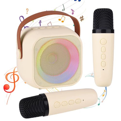 Karaoke Machine for Kids Adults, Mini Portable Bluetooth Karaoke Speaker with 2 Wireless Microphone and Lights,Toys for All Smartphones,Birthday, Family,Home Party Beige
