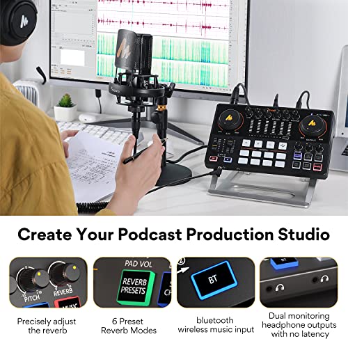 MAONO AME2 Audio Interface Mixer, Podcast Studio Console with XLR Input | 48V phantom power, Bluetooth, 11 custom sound pads, podcast recording, YouTube/TikTok live streaming, PC and XLR mic setup