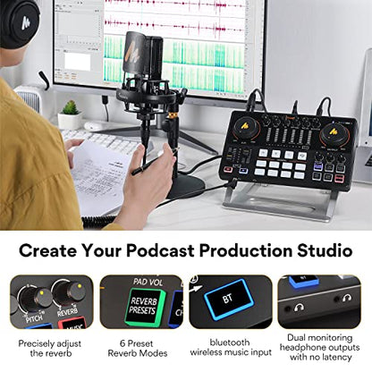 MAONO AME2 Audio Interface Mixer, Podcast Studio Console with XLR Input | 48V phantom power, Bluetooth, 11 custom sound pads, podcast recording, YouTube/TikTok live streaming, PC and XLR mic setup