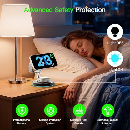 3 in 1 MagSafe Wireless Charger Stand for iPhone Apple Watch AirPods | Adjustable Blue Ambient Light,15W Magnetic Charging Station for iPhone 17 16 15 14 13 12 Series wireless charging station - color: Black