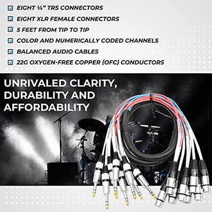 Seismic Audio Speakers 8 Channel Snake Cables, 5’ XLR Female To ¼” TRS Snake Cable - size: 5'