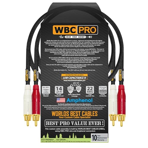 2 Foot RCA Cable Pair - WBC-PRO-LOCAP Low-Capacitance (14pF/ft) 22 AWG Ultra-Silent Audiophile & Professional-Grade Audio Interconnect Cable with Amphenol ACPR Gold RCA Plugs & Black Tweed Jacket