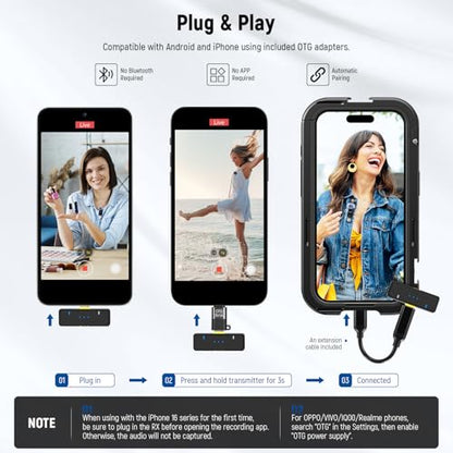 NEEWER KM15 Wireless Lavalier Microphone System Compatible with iPhone Android Phone PC Computer, Mini USB C Noise Cancelling Lapel Mic, 300m Range 48KHz/24Bit 9H Battery for Video Recording Streaming