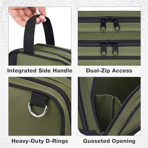 HISEA Small Tool Bag, 12 Inch Tool Pouch with 2 Compartments | with Adjustable Shoulder Strap, Zipper Tool Organizer Bag for Electrican, Mechanic, Screwdriver Storage - color: Green