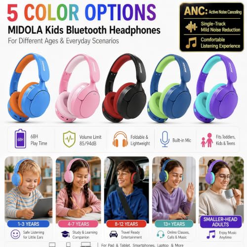 Kids Bluetooth Headphones Wireless,ANC, 68H,Safe Volume Limit 85/94dB Blue | Active Noise Cancelling,Adjustable Headband Foldable Over-Ear for Toddler Girls Boys Tablet/iPad,HD Stereo,Built-in Mic,Green - color: Deep Blue