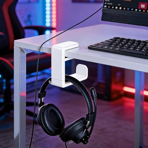 360° Rotating Headphone Hanger, Under Desk Headset Holder, Clamp‑On Headphone Stand for All Over‑Ear Headphones,White - color: White