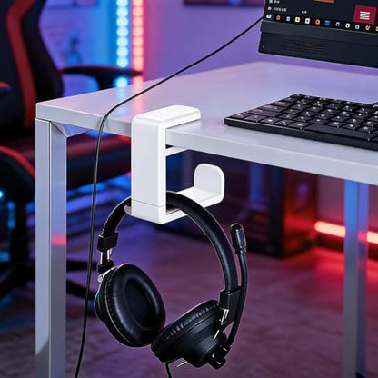 360° Rotating Headphone Hanger, Under Desk Headset Holder, Clamp‑On Headphone Stand for All Over‑Ear Headphones,White - color: White