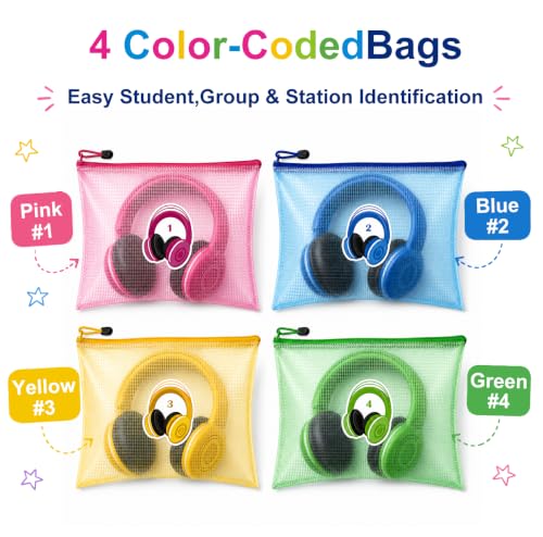 24 PCS Classroom Headphone Storage Bags, Large Mesh Zipper Headphone Bags with Loops and Number Labels, Colorful Headset Organizer Pouches for School, Library and Learning Center