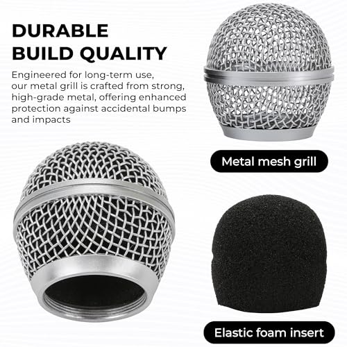 Replacement for DM-RGB SM58 Microphone Ball Head Mesh Grill – Copper Plated with Built-in Foam, Windscreen, Compatible with Digital Handheld Wireless System, Microfono Mic Accessories (2pcs, Silver)
