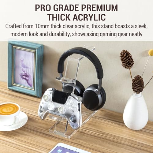 MyGift Premium 10mm Thick Clear Acrylic Gaming Headphone Headset Stand with 2 Controller Holder, Tabletop Universal Storage Rack for Game Accessories - color: Clear Acrylic