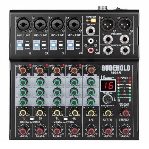 6-Channel Stereo Audio Mixer with Stepped Knobs, Mini Sound Board with 2 True Stereo Inputs, Mono/Stereo Switch, Precise Detented Pots, 16 DSP Effects, 48V Phantom for Keyboards, Studio