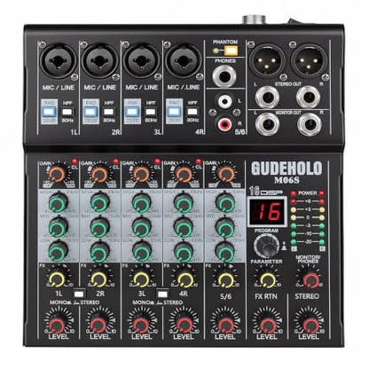 6-Channel Stereo Audio Mixer with Stepped Knobs, Mini Sound Board with 2 True Stereo Inputs, Mono/Stereo Switch, Precise Detented Pots, 16 DSP Effects, 48V Phantom for Keyboards, Studio