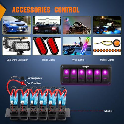 Nilight 6 Gang Rocker Switch Panel w/Purple LED Light 5Pin On Off Pre-Wired | Aluminum Toggle Switches Waterproof for 12V/24V Cars Marine Boats ATVs Trailers RV Trucks - color: Purple, size: 6 Gang