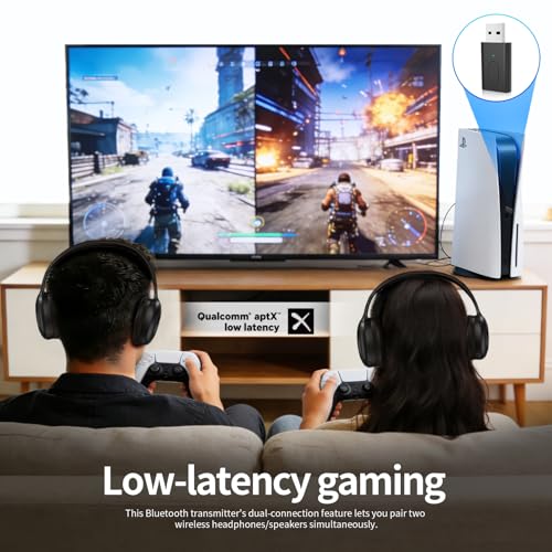 Bluetooth 5.3 Transmitter, APTX Adaptive APTX Low Latency Dual Device Connection,for PS5,PS4, Switch, PC, TV,Bluetooth Headphones (Plug Play)