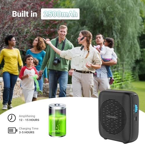 AI Wireless Voice Amplifier with 2 Wireless Mics(1 Lavalier mic & 1 Microphone Headset), Bluetooth 5.3 PA System for Teachers, Tour Guide, Yoga - 15H Rechargeable Battery, Waist-Mount Design