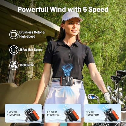 Portable Waist Fan 4-in-1, 16000 RPM Max 5-Speed Rechargeable Clip-On Fan with Bluetooth Speaker, Emergency Power Source 8000mAh, LED Light, Digital Display for Travel Camping Office