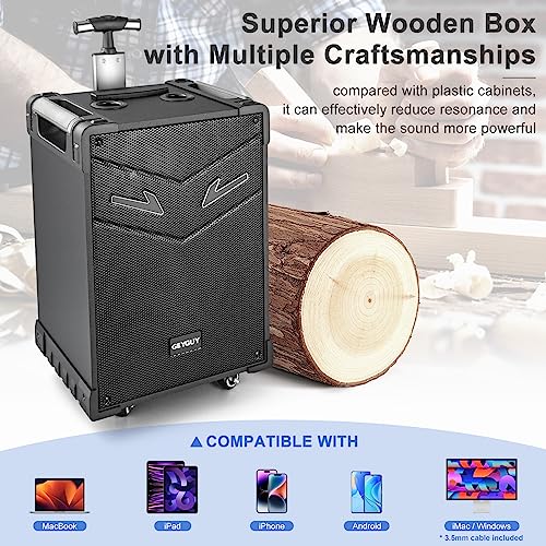 GTSK10-3 3-Way Portable Bluetooth PA Speaker System w/Wireless Mics – 10" Karaoke Speaker with Subwoofer, FM Radio, TWS, Rolling Wheels & Rechargeable Battery for Parties, Events, Game Day & Outdoors