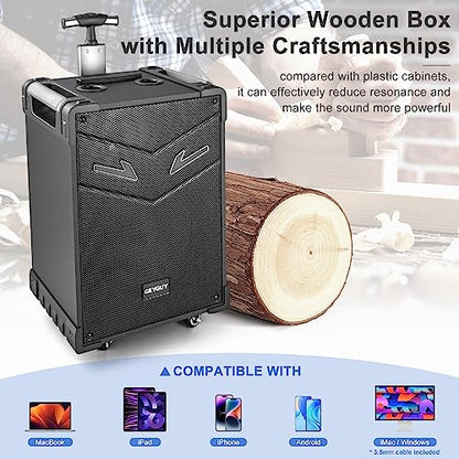 GTSK10-3 3-Way Portable Bluetooth PA Speaker System w/Wireless Mics – 10" Karaoke Speaker with Subwoofer, FM Radio, TWS, Rolling Wheels & Rechargeable Battery for Parties, Events, Game Day & Outdoors