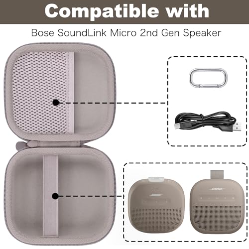 for Bose New SoundLink Micro 2nd Gen Speaker Protective Case, Sand | EVA Hard Shell, Soft Velvet Lining, Durable Wrist Strap, Portable Travel Bag with Carabiner, Mesh Accessory Pocket - color: Sand Case